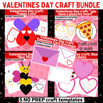 Preview of OT Bundle of 5 VALENTINES DAY crafts: color, cut glue craft templates NO PREP