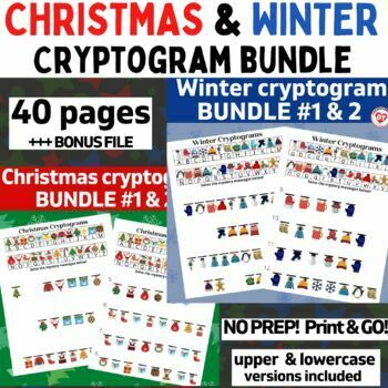 Preview of OT CHRISTMAS & WINTER CRYPTOGRAM WORKSHEET BUNDLE: UPPER + LOWERCASE VERSIONS