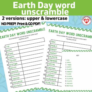 Preview of OT Earth Day word unscramble worksheets: upper & lowercase versions: NO PREP