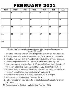 Preview of OT: Executive Functioning Calendar Labeling Activity FEB 2021