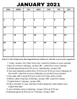 Preview of OT: Executive Functioning Calendar Labeling Activity Jan 2021