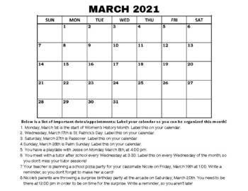 Preview of OT: Executive Functioning / Vocational Calendar Labeling Activity MARCH 2021
