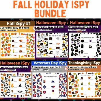 Preview of OT FALL HOLIDAY ISPY worksheet bundle search, find and count worksheets NO PREP