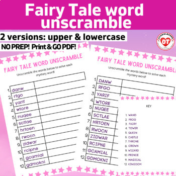 Preview of OT Fairy Tale word unscramble worksheets: upper & lowercase version: NO PREP