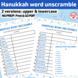 OT HANUKKAH word unscramble worksheets: upper/lowercase ve