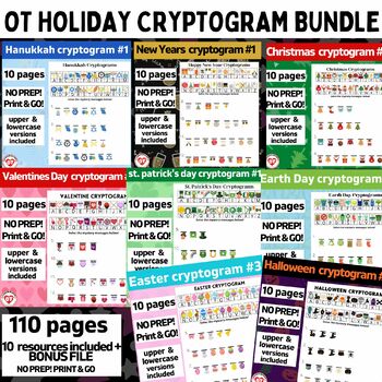 Preview of OT HOLIDAY CRYPTOGRAM WORKSHEET BUNDLE: 110 no prep pages: decode words/phrases