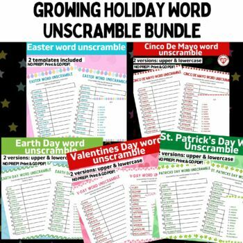 Preview of OT HOLIDAY WORD UNSCRAMBLE WORKSHEETS BUNDLE: upper & lowercase versions + key