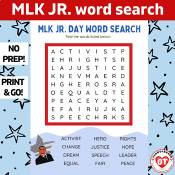 Preview of OT: MLK martin luther king JR themed Word search. no prep print and go