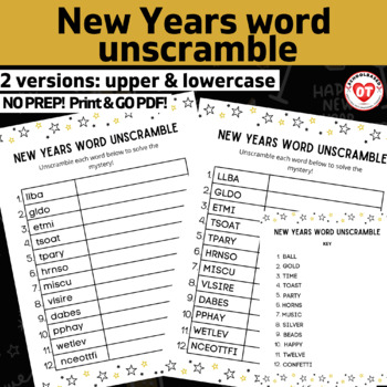 Preview of OT NEW YEARS word unscramble worksheets: upper/lowercase versions: NO PREP!
