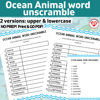 Preview of OT OCEAN ANIMAL word unscramble worksheets: upper/lowercase NO PREP!