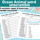 OT OCEAN ANIMAL word unscramble worksheets: upper/lowercas