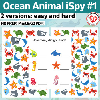 Preview of OT Ocean animal ispy #2: ocean themed search, find and count ispy worksheets