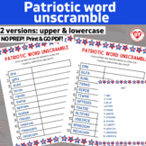 OT PATRIOTIC word unscramble worksheets: upper & lowercase