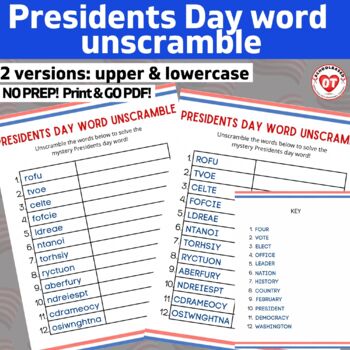 Preview of OT Presidents Day word unscramble worksheets: upper & lowercase versions no prep