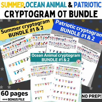 Preview of OT SUMMER, PATRIOTIC & OCEAN ANIMAL CRYPTOGRAM worksheet BUNDLE + BONUS FILE