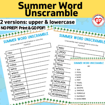 Preview of OT SUMMER themed word unscramble worksheets: NO PREP!