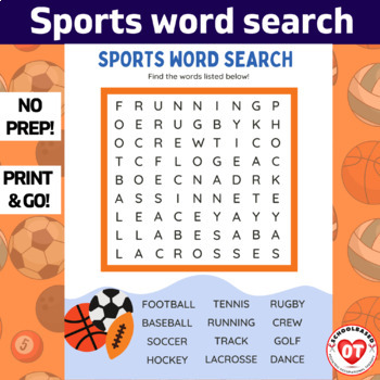 Preview of OT Sports themed Word search worksheet print and go no prep