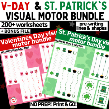 Preview of OT VALENTINES DAY & ST. PATS prewriting line & shape worksheet bundle 200+ pages