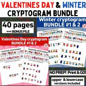 Preview of OT VALENTINES DAY & WINTER CRYPTOGRAM WORKSHEET BUNDLE: 40 pages NO PREP