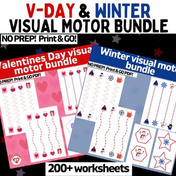 Preview of OT VALENTINES DAY & WINTER prewriting line & shape worksheet bundle 200+ pages