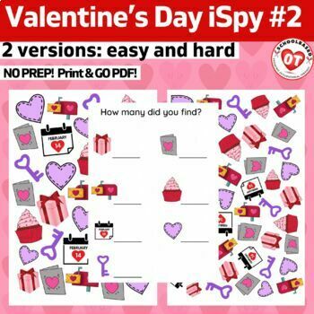 Preview of OT Valentines Day ispy: #2 v-day themed search, find and count ispy worksheets
