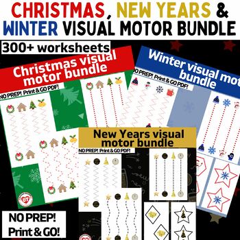 Preview of OT WINTER, CHRISTMAS, NEW YEAR prewriting line & shape worksheet bundle 300+ pgs