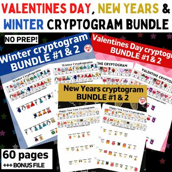 Preview of OT WINTER, NEW YEARS, VALENTINES DAY CRYPTOGRAM worksheet BUNDLE + BONUS FILE