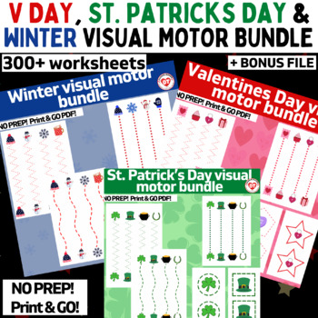 Preview of OT WINTER, VALENTINES & ST. PATS prewriting line/shape worksheet bundle 300+ pgs