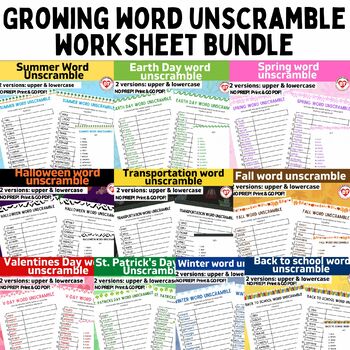 Preview of OT WORD UNSCRAMBLE WORKSHEETS GROWING BUNDLE: 34 Problem solving pages NO PREP