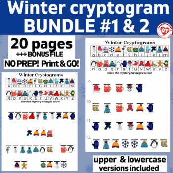 Preview of OT Winter cryptogram worksheet BUNDLE: 20 no prep pages: decoding words/phrases