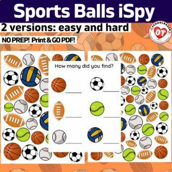 Preview of OT sports balls ispy: sports balls themed search, find and count ispy worksheets