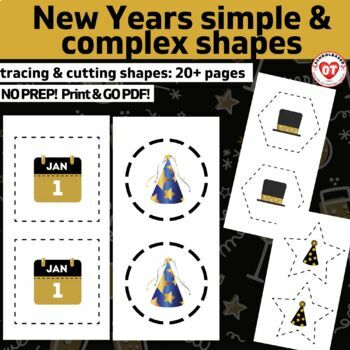 Preview of OT visual motor NEW YEARS tracing and cutting simple & complex shapes