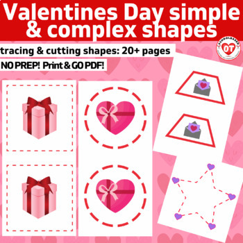 Preview of OT visual motor VALENTINES DAY tracing + cutting simple & complex shapes 39 pgs