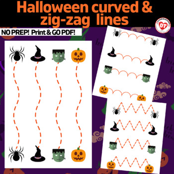 Preview of OT visual motor tracing worksheets: HALLOWEEN theme trace curved & zig-zag lines