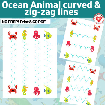 Preview of OT visual motor tracing worksheets: OCEAN ANIMAL trace curved & zig-zag lines