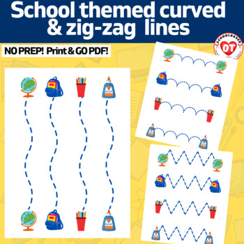 Preview of OT visual motor tracing worksheets: SCHOOL themed trace curved & zig-zag lines