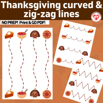 Preview of OT visual motor tracing worksheets: THANKSGIVING trace curved & zig-zag lines