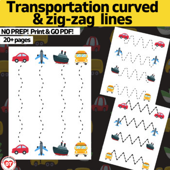 Preview of OT visual motor tracing worksheets:TRANSPORTATION trace curved & zig-zag lines