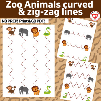 Preview of OT visual motor tracing worksheets: ZOO ANIMAL trace curved & zig-zag lines