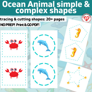 Preview of OT visual motor worksheets:Ocean Animal themed trace/cut simple & complex shapes