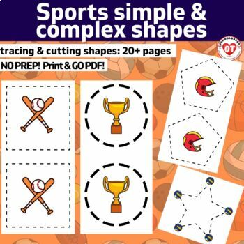 Preview of OT visual motor worksheets: SPORTS themed trace & cut simple & complex shapes