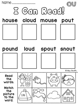 OU and OW Worksheets & Activities NO PREP! Vowel Teams Worksheets (Pairs)