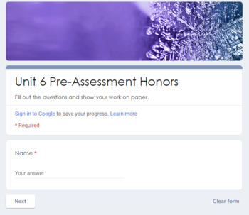 Preview of OUR- Honors 7th Grade Unit 6 Pre-Assessment Google Form