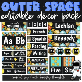 Preview of OUTER SPACE Theme Classroom Decor Set Pack EDITABLE Solar System Decoration