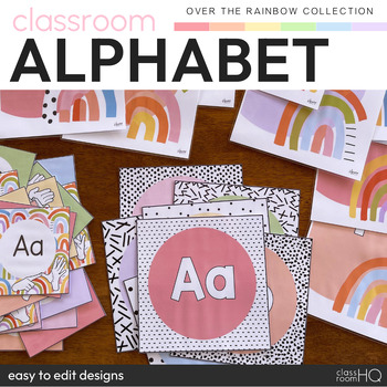 Preview of Pastel Classroom Decor Editable Alphabet Posters | OVER THE RAINBOW