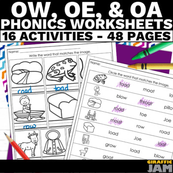 Preview of Decodable Phonics Worksheets OW OE & OA Vowel Teams Phonics Practice Activities