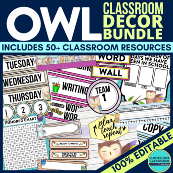 Preview of OWL Classroom Decor Bundle Theme woodland forest camping decorations editable