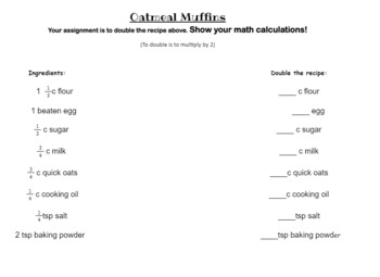 Preview of Oatmeal Muffins Doubling the Recipe Worksheet