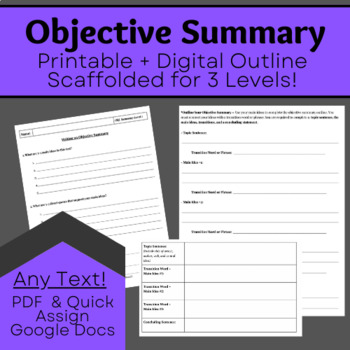 Preview of Objective Summary Outlines || Digital & Printable, Scaffolded for 3 Levels