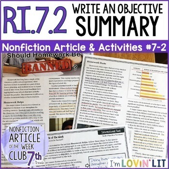 Preview of Objective Summary RI.7.2 | Should Homework Be Banned? Article #7-2